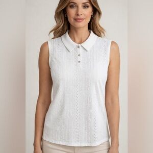 Sleeveless White Eyelet Polo Tank Top